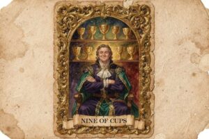 Carta del Nueve de Copas mostrando nueve copas doradas en disposición de arco sobre un fondo místico con figura meditativa.
