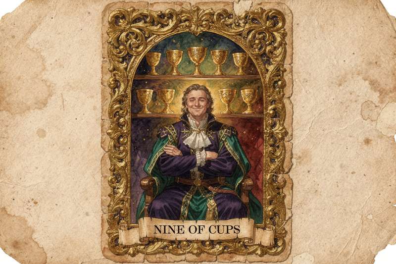 Carta del Nueve de Copas mostrando nueve copas doradas en disposición de arco sobre un fondo místico con figura meditativa.