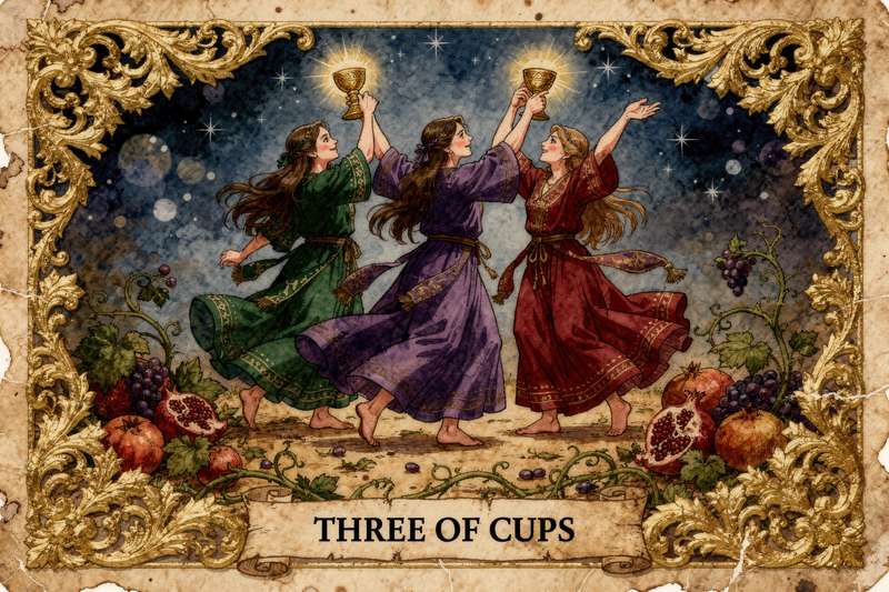 Celebración de amistad y abundancia representada en una carta de tarot tradicional con tres figuras compartiendo copas.