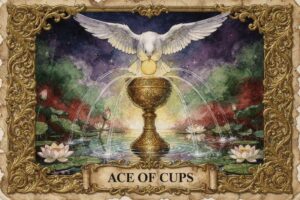 Carta de tarot As de Copas mostrando un cáliz desbordante de agua con rayos de luz divina simbolizando amor y abundancia...