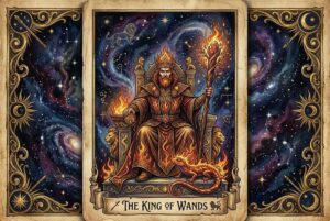 Carta del tarot que representa a un líder carismático sosteniendo un bastón encendido con autoridad y determinación.