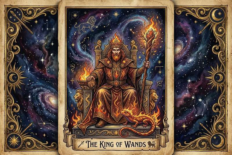 Carta del tarot que representa a un líder carismático sosteniendo un bastón encendido con autoridad y determinación.