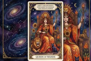 Mujer carismática con corona sosteniendo una varita de fuego, símbolo de autoridad y energía creativa en las lecturas de tarot.