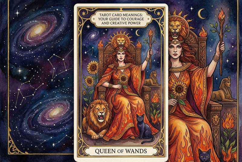 Mujer carismática con corona sosteniendo una varita de fuego, símbolo de autoridad y energía creativa en las lecturas de tarot.