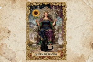 Reina de Bastos con corona dorada sosteniendo un bastón ardiente, simbolizando fuerza creativa y carisma.