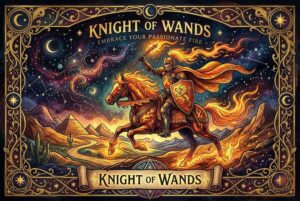 Caballero de Varas montado en su caballo con la vara en alto, representando energía, pasión y determinación en el tarot.