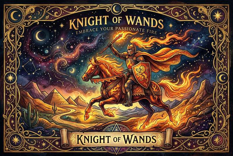Caballero de Varas montado en su caballo con la vara en alto, representando energía, pasión y determinación en el tarot.
