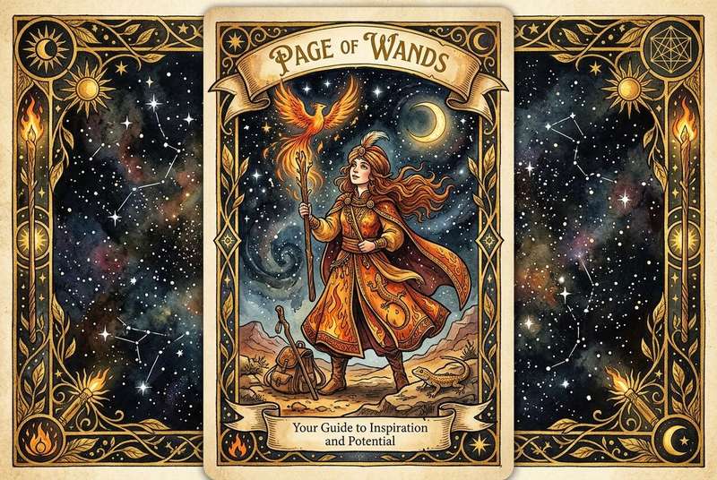 Joven mensajero del tarot portando una vara flamígera que simboliza la energía creativa y el despertar del potencial interior.