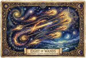 Ocho de Bastos del tarot mostrando varitas en movimiento y energía dinámica de acción.