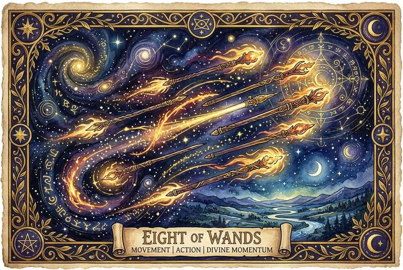 Ocho de Bastos del tarot mostrando varitas en movimiento y energía dinámica de acción.