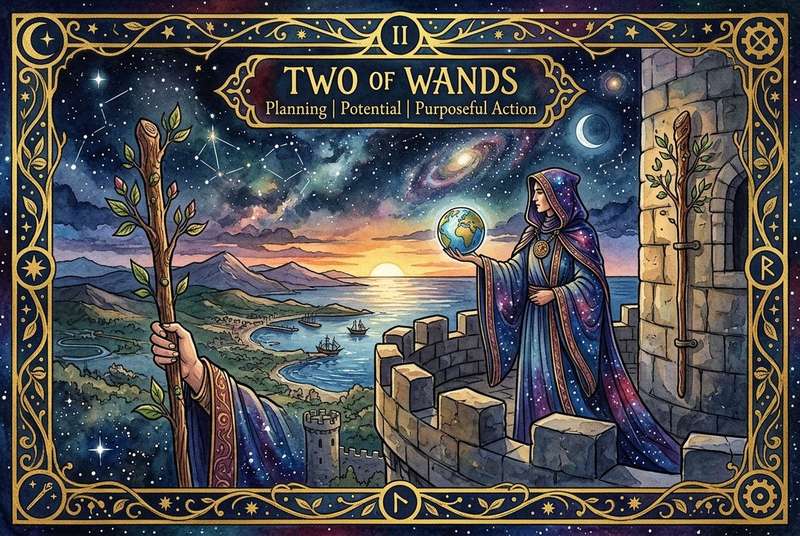Carta del tarot que representa decisiones sobre viajes y proyectos futuros con una figura sosteniendo el mundo en sus manos.