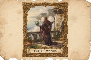 Carta del Dos de Bastos mostrando dos varas cruzadas con simbolismo de poder y decisión en lectura de tarot.