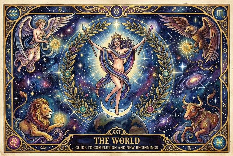 Arcana Mayor El Mundo representando la culminación de ciclos y el cierre de etapas vitales en la lectura del tarot.