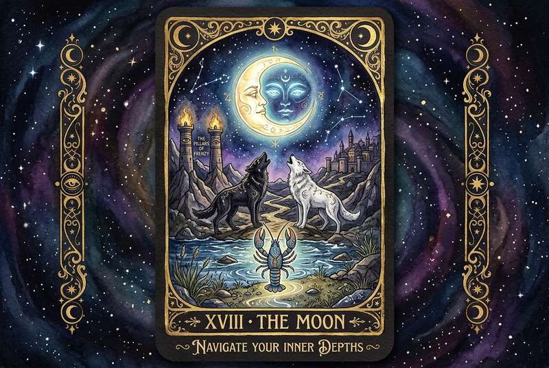 Carta del tarot La Luna que representa los misterios del inconsciente y las emociones ocultas del ser.