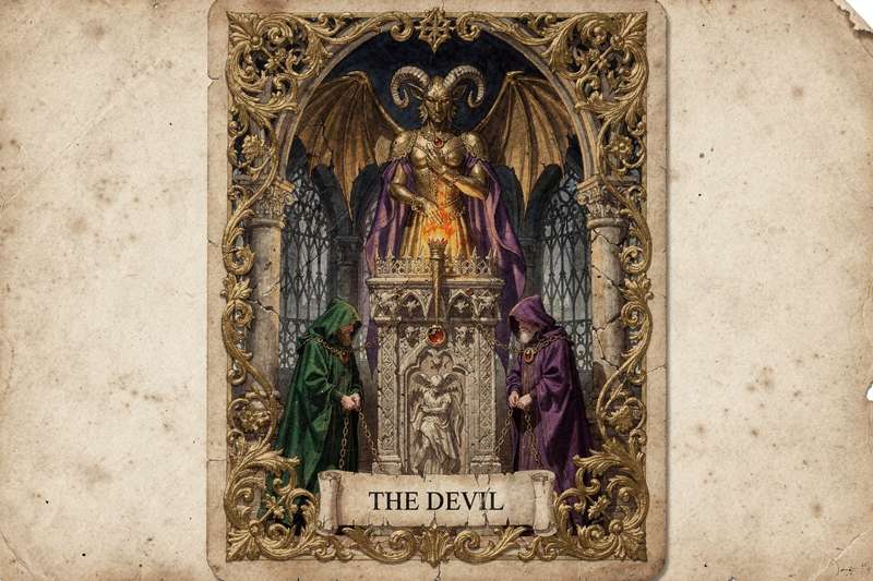 Carta del Tarot El Diablo mostrando la figura mitológica con sus símbolos de tentación y control espiritual.