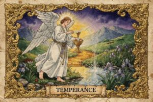 Carta del Tarot La Templanza mostrando una figura equilibrada vertiendo líquidos entre dos cálices bajo símbolos celestiales.