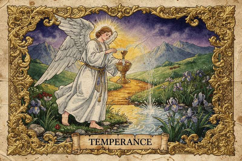 Carta del Tarot La Templanza mostrando una figura equilibrada vertiendo líquidos entre dos cálices bajo símbolos celestiales.