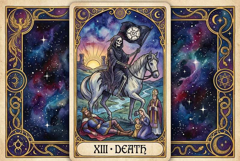 Representación simbólica de la carta XIII del tarot mostrando la esquadaña y elementos que evocan ciclos de transformación...
