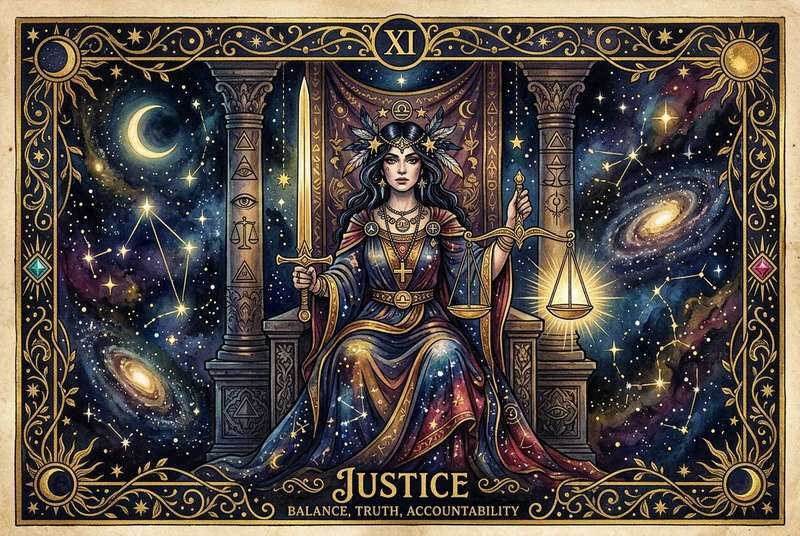 Carta del Tarot Justicia mostrando a una figura con espada y balanza que representa el equilibrio cósmico.