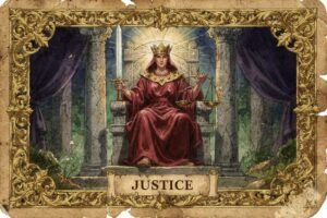 Representación simbólica de la carta del Tarot Justicia con la balanza en equilibrio, espada y corona, reflejando equidad y...