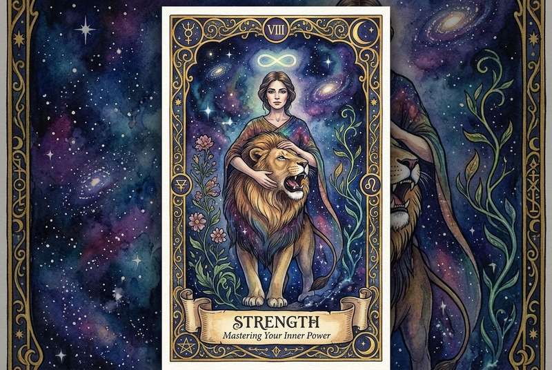 Mujer serena sujetando suavemente las fauces de un león dorado en representación del control emocional y la fortaleza interior.