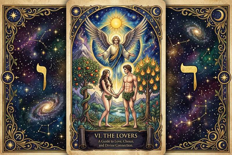 Representación visual de la carta del Tarot Los Amantes mostrando dos figuras conectadas en un momento de elección y armonía...