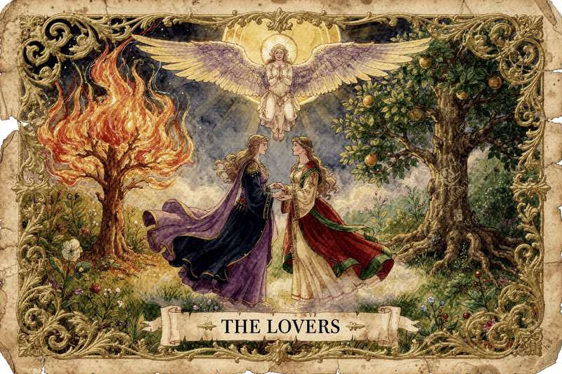 Representación simbólica de la carta de los Amantes mostrando la conexión divina, el amor verdadero y el dilema de elegir...