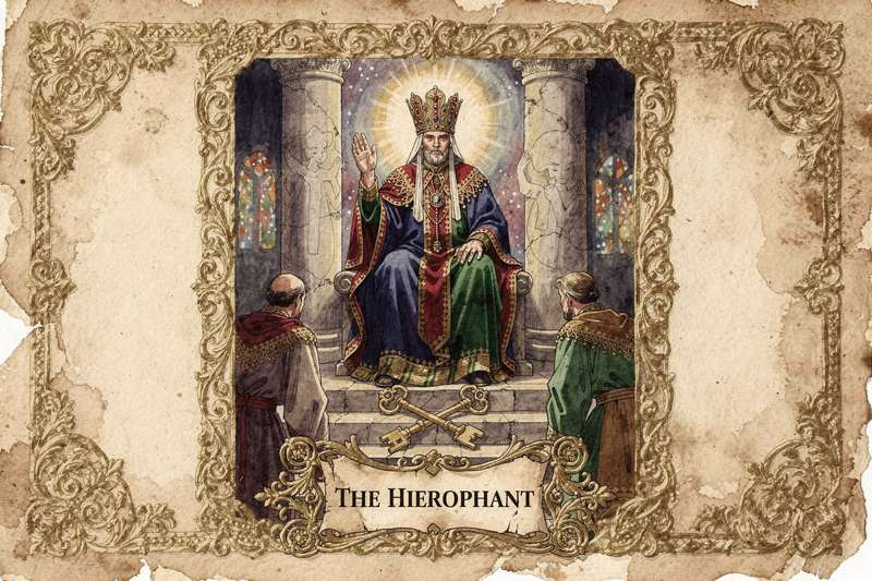 Carta del Tarot del Hierofante mostrando a una figura sagrada sentada en un trono con dos columnas detrás y símbolos de...