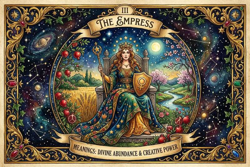 Carta del tarot La Emperatriz rodeada de símbolos de fertilidad, abundancia y energía creativa femenina.