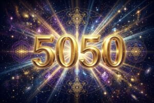 Representación visual del número 5050 con símbolos de transformación, amor universal y conexión espiritual entre almas gemelas.