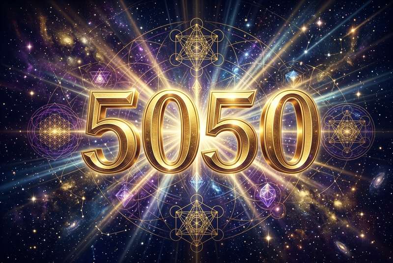 Representación visual del número 5050 con símbolos de transformación, amor universal y conexión espiritual entre almas gemelas.