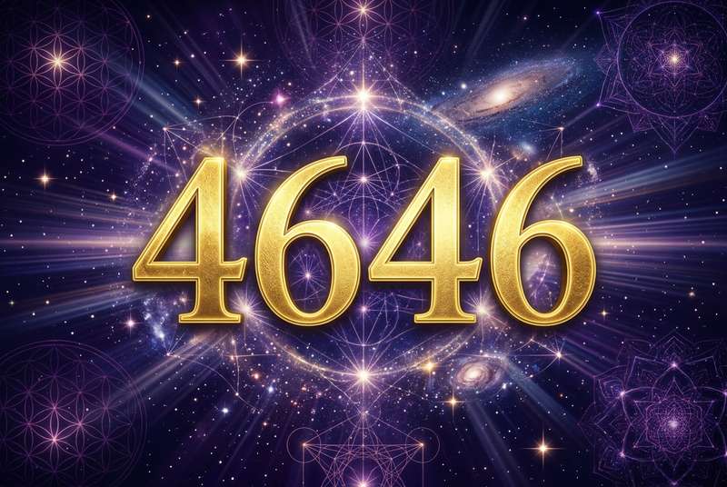 Combinación numérica 4646 rodeada de luz dorada simbolizando mensajes celestiales y guía espiritual en la numerología.