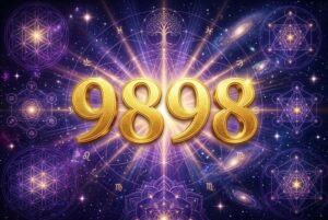 Representación simbólica del número 9898 con energía luminosa que transmite paz espiritual y transformación emocional hacia el...