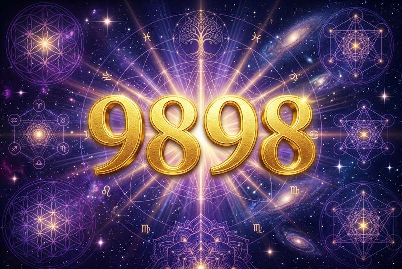 Representación simbólica del número 9898 con energía luminosa que transmite paz espiritual y transformación emocional hacia el...