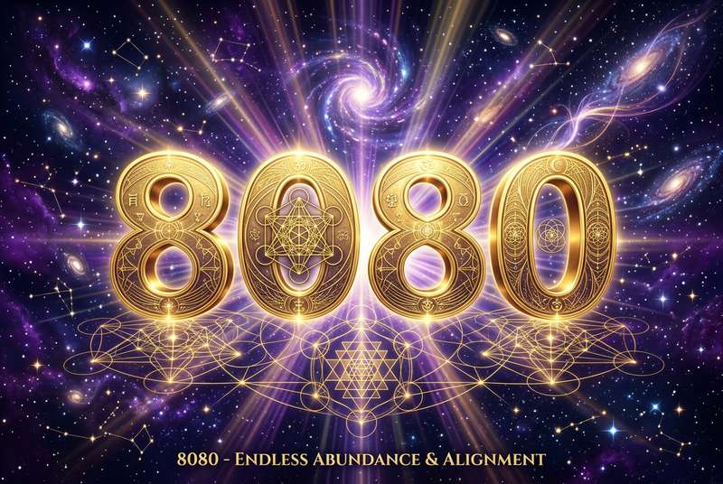 Representación visual del número 8080 rodeado de símbolos de equilibrio, luz dorada y energía espiritual que sugieren...