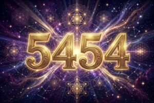 Representación visual del número ángel 5454 con simbolismo celestial que transmite mensajes de transformación y manifestación...