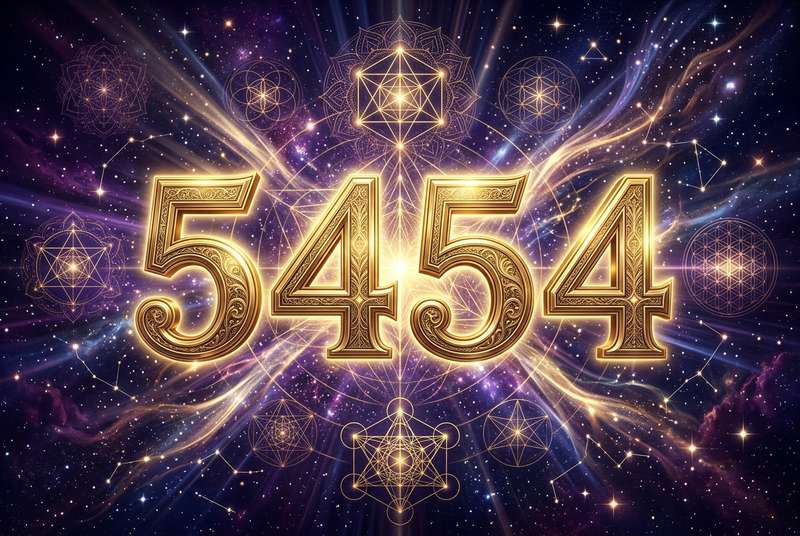 Representación visual del número ángel 5454 con simbolismo celestial que transmite mensajes de transformación y manifestación...