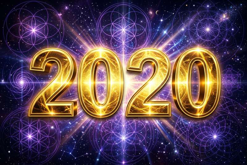 Secuencia numérica 2020 brillante con luz dorada sobre fondo místico que simboliza guía espiritual y transformación personal.