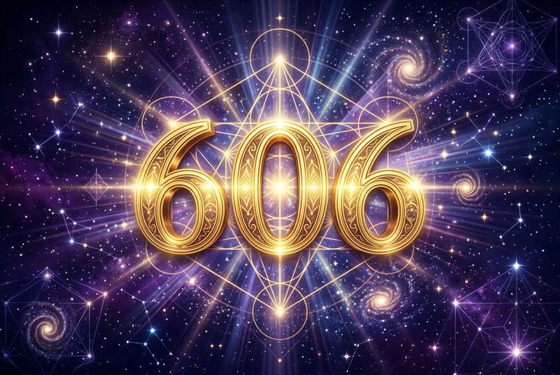 Representación simbólica del número 606 rodeado de luz dorada y energía espiritual que sugiere transformación y cambio de...