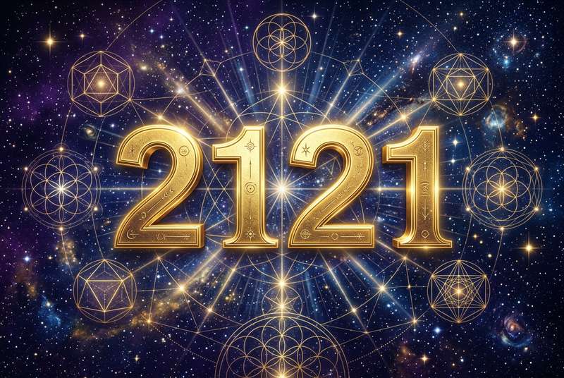 Representación visual del número ángel 2121 con símbolos de equilibrio, disciplina y conexión espiritual divina.