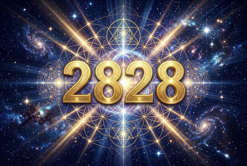 Representación visual del número angélico 2828 brillando con luz divina y energía espiritual de abundancia.