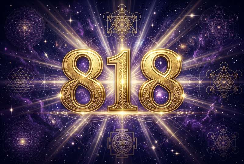 Representación visual del número 818 con luz dorada destacando su significado de empoderamiento personal y transformación...