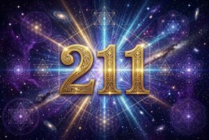 Representación simbólica del número 211 en tonos azules y dorados que transmiten energía espiritual y conexión divina.
