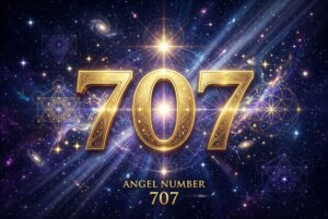 Representación simbólica del número 707 con luz celestial que transmite aceptación espiritual y armonía en las creencias divinas.