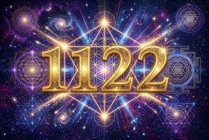 Combinación numérica 1122 resplandeciente con símbolos esotéricos que representan el despertar espiritual y la búsqueda del...