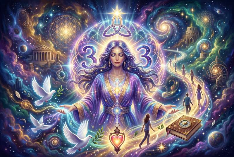 Número maestro treinta y tres con simbolismo espiritual que representa la compasión, la sanación y la elevación del alma en la...