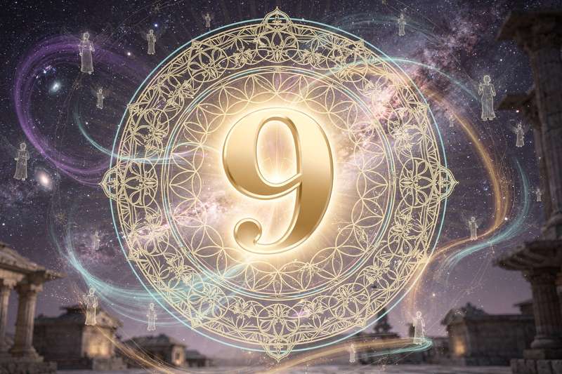 Símbolo del número nueve con líneas energéticas que representan el camino de vida en numerología espiritual.