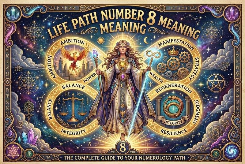 Representación del número ocho en numerología como camino de vida, simbolizando el poder, la abundancia y el liderazgo en la...