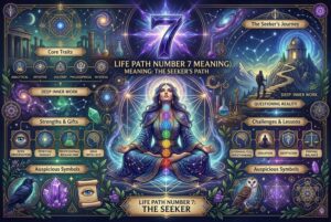 Persona meditativa en soledad rodeada de símbolos místicos y números que representan el camino espiritual numerológico.