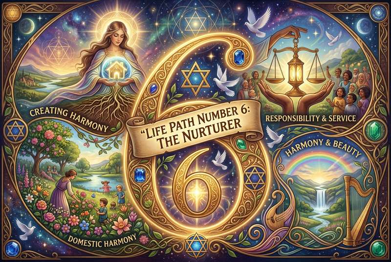 Representación visual de las características y energías del número 6 en la numerología del camino de vida.